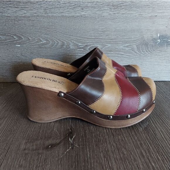 Vintage 90s Fashion Bug Patchwork Stud Mules Clogs Size 10 - Picture 1 of 11